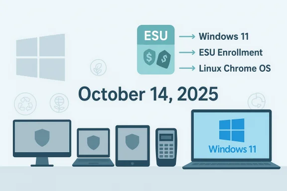 Illustration of Windows 11 ESU rollout across devices with the date October 14, 2025.