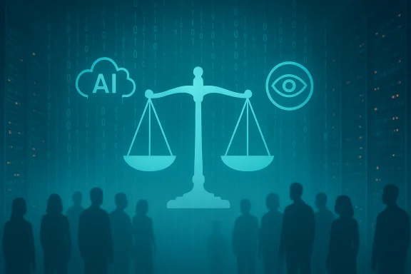The scales of justice balance AI cloud and surveillance eye over a data center crowd.