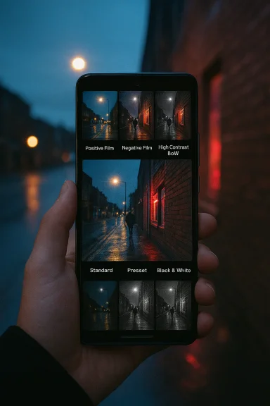 A hand holds a smartphone showing photo-filter edits of a rain-soaked city street at night. A hand holds a smartphone showing photo-filter edits of a rain-soaked city street at night.