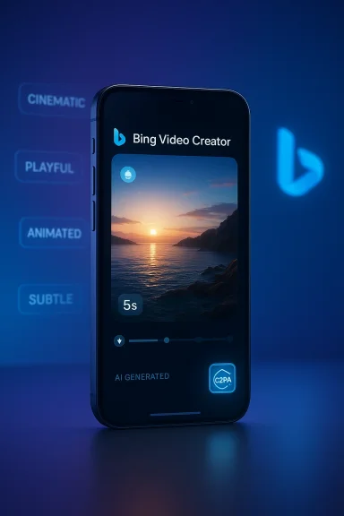 Smartphone displays Bing Video Creator UI featuring an AI-generated sunset coastal video.