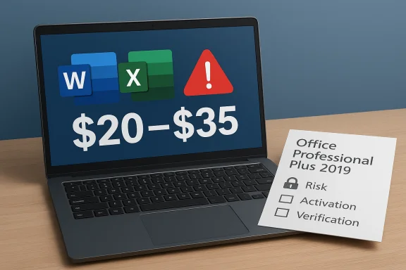 Laptop displays Word/Excel icons, a $20–$35 price, and a risk/activation/verification document.