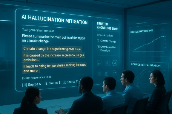 A futuristic briefing room with holographic displays about AI hallucination mitigation and data analytics.