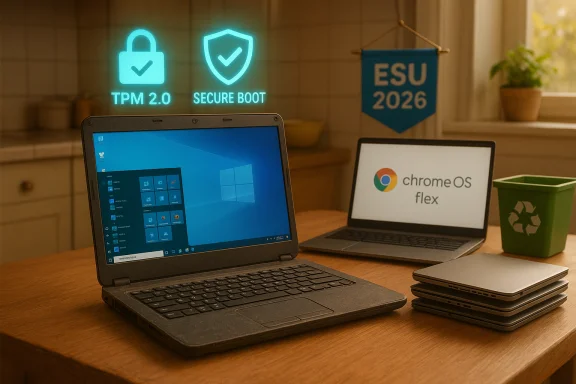 Two laptops on a wooden table, one Windows, one ChromeOS Flex, with glowing TPM 2.0 and Secure Boot signs.