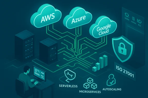 Cloud infrastructure with AWS, Azure, Google Cloud, showing security, serverless, microservices, and autoscaling. Cloud infrastructure with AWS, Azure, Google Cloud, showing security, serverless, microservices, and autoscaling.