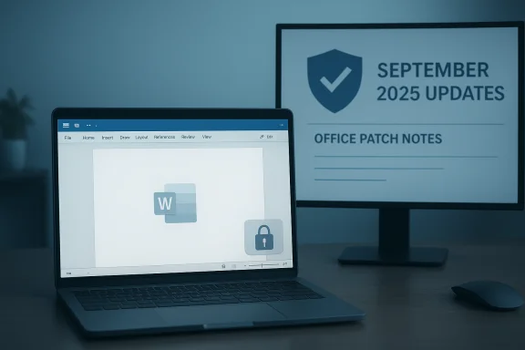 Laptop shows Word with a lock icon; monitor reads September 2025 Updates and Office Patch Notes.