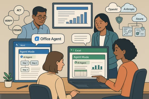 A diverse team collaborates on AI agent software, reviewing Word/Excel dashboards and cloud services.