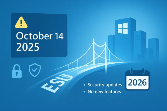 Blue tech infographic announcing October 14, 2025 and a 2026 calendar with security updates.