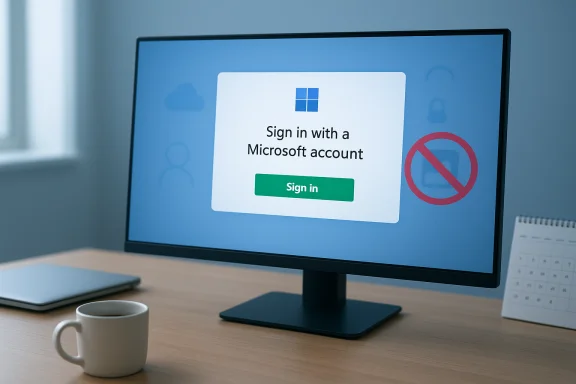 Desktop monitor displaying a Windows sign-in card: 'Sign in with a Microsoft account.'