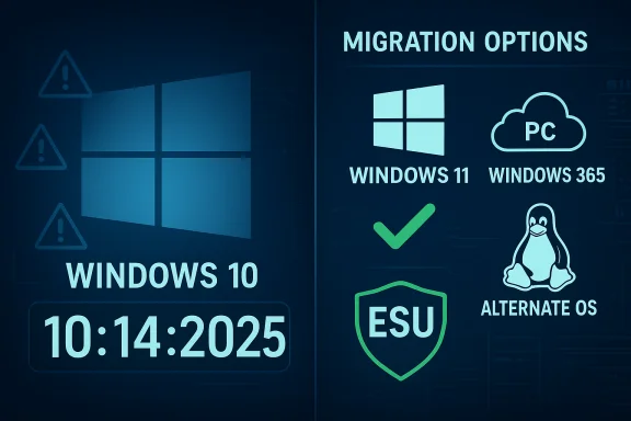A Windows migration options graphic showing Windows 10 on the left and Windows 11/365, Linux, and ESU on the right.