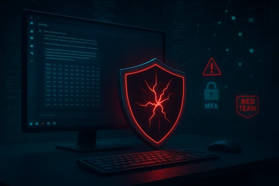 A neon red cracked shield guards a computer screen in a cyber defense setup. A neon red cracked shield guards a computer screen in a cyber defense setup.