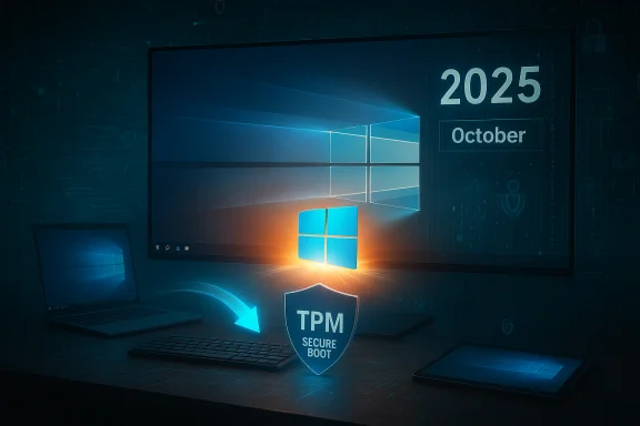 Windows desktop setup with a TPM Secure Boot shield, glowing Windows logo, and a 2025 October calendar.
