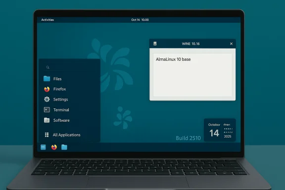 Laptop screen shows AlmaLinux 10 desktop with a left app dock and a Wine 10.16 window.