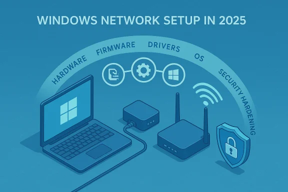 Windows network setup in 2025: hardware, firmware, drivers, OS, and security hardening.