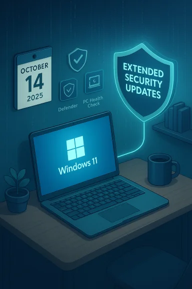Windows 11 laptop on a desk with a glowing shield reading 'Extended Security Updates'.