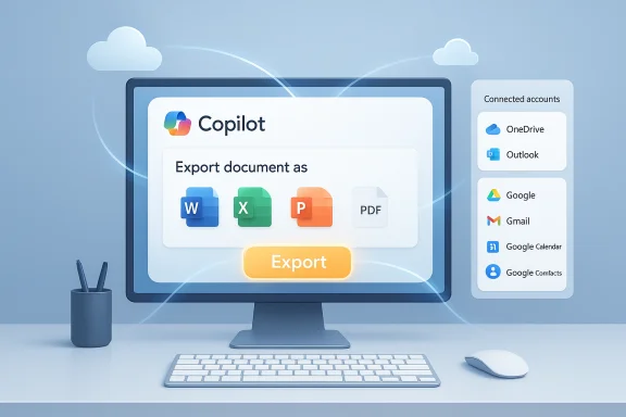 Copilot export dialog on desktop with Word, Excel, PowerPoint, PDF options and an Export button.