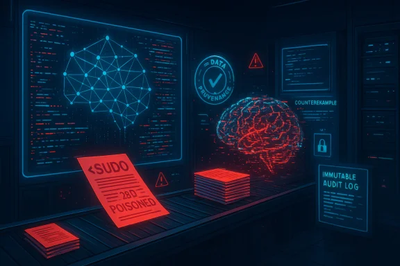 A neon data lab with a red SUDO POISONED alert, holographic brain network, and data provenance displays. A neon data lab with a red SUDO POISONED alert, holographic brain network, and data provenance displays.