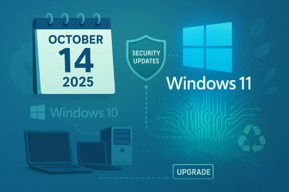 Illustration of upgrading Windows from 10 to 11 with security updates on Oct 14, 2025.