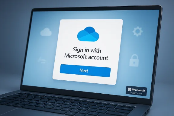 Laptop displays a Microsoft account sign-in prompt on Windows 11 with a Next button.