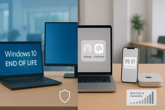 Split-screen desk setup showing Windows 10 end-of-life on the left and Apple devices with AirDrop/Continuity on the right.