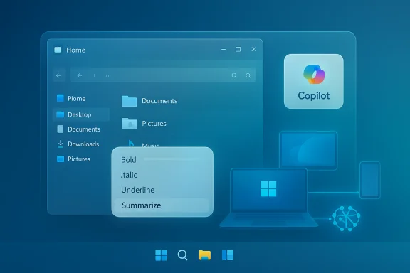 Futuristic blue UI mockup of a Windows-style file explorer with Copilot and holographic devices.