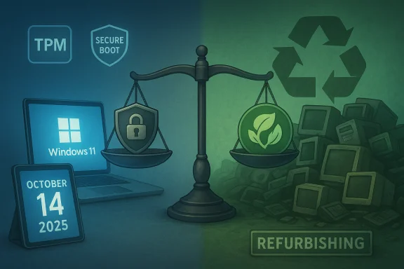 Split image: Windows 11 security on the left, eco-friendly refurbishing and recycling on the right.
