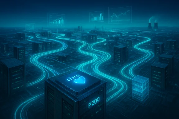 Futuristic city with glowing blue data lanes weaving between server towers, Cisco-branded hub.
