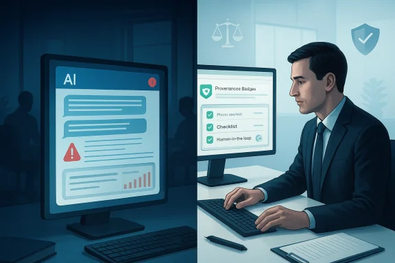 Split-screen: AI alert on the left and a security analyst reviewing Provenance Badges on the right. Split-screen: AI alert on the left and a security analyst reviewing Provenance Badges on the right.