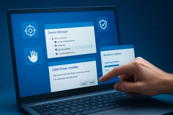 Hand taps a laptop screen displaying Windows Update and device-management panels.