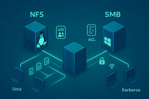 Network diagram showing NFS and SMB servers with UID/ACL, serving Unix and Kerberos clients.