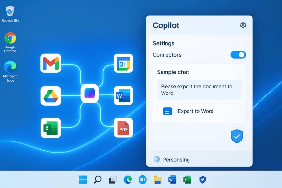Windows desktop with a Copilot panel on the right and neon-connected app icons on the left.