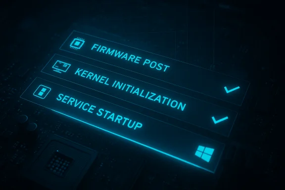 Blue holographic startup checklist: firmware POST, kernel initialization, and service startup.