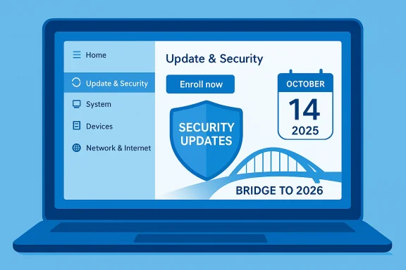 Laptop screen shows an Update & Security page with a Security Updates shield and October 14, 2025 calendar.