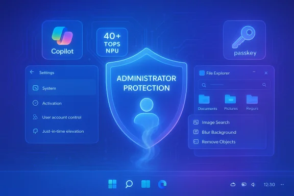 A glowing blue shield labeled 'ADMINISTRATOR PROTECTION' sits amid futuristic security UI panels and icons.