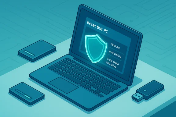 Laptop shows a “Reset this PC” prompt with a glowing shield, surrounded by external drives.