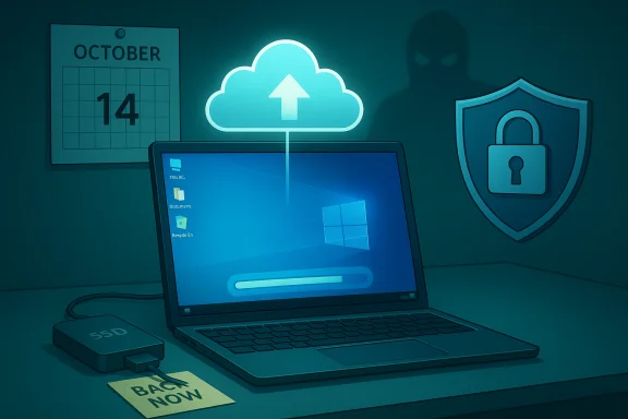 Laptop uploads to the cloud as a hacker silhouette looms, with a security shield on the wall.