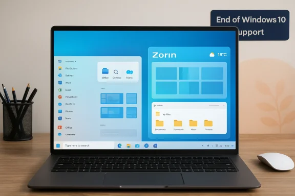 Laptop displays Zorin OS desktop on a desk, with an 'End of Windows 10 support' sign in the background.