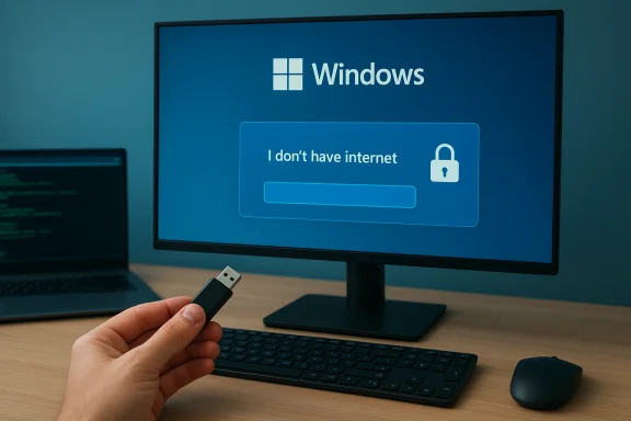 Windows screen shows 'I don't have internet' in a login box, as a hand holds a USB drive.