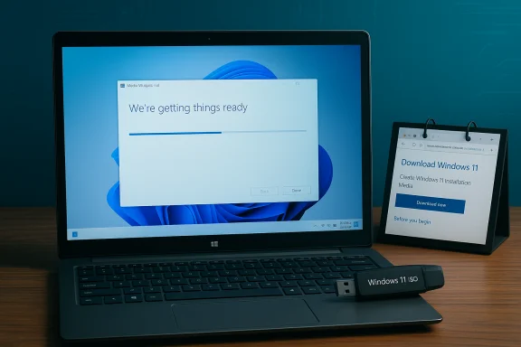 Windows 11 installation in progress on a laptop, with a Windows 11 ISO USB drive nearby.