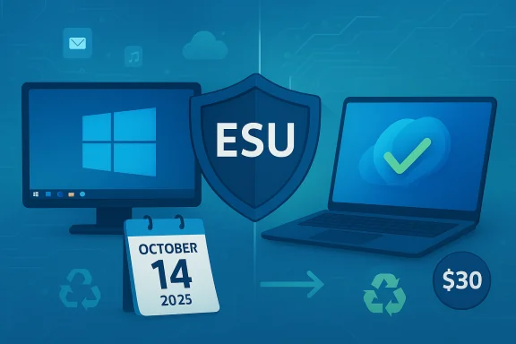 ESU shield sits between a Windows PC and a secure laptop, with a calendar and $30.
