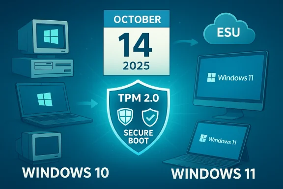 Illustration of Windows 10/11 devices with TPM 2.0 and Secure Boot for Oct 14, 2025.