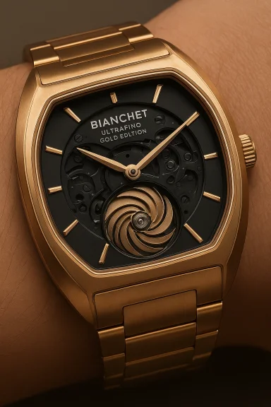 Gold BIANCHET Ultrafino Gold Edition skeleton watch on the wrist.