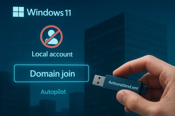 Windows 11 setup showing Domain Join option highlighted, with an Autounattend.xml USB drive.