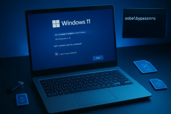 Laptop displaying Windows 11 setup screen with language, keyboard, and network options.
