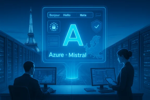 Neon holographic display reading 'Azure + Mistral' towers over a Paris data center with two analysts.