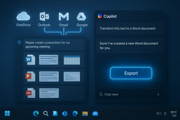 Blue Windows 11 desktop featuring Copilot panels transforming text to a Word doc and exporting.