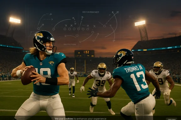 Jacksonville Jaguars QB with the ball dodges a defender as a chalkboard play diagram glows above the field.