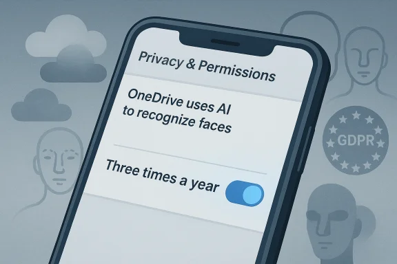 Phone screen shows privacy settings: OneDrive uses AI to recognize faces, with a three times a year toggle.