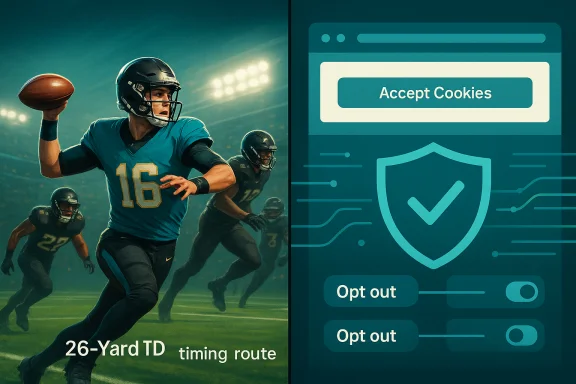 Quarterback throws a 26-yard TD on a timing route beside a cookie consent UI.