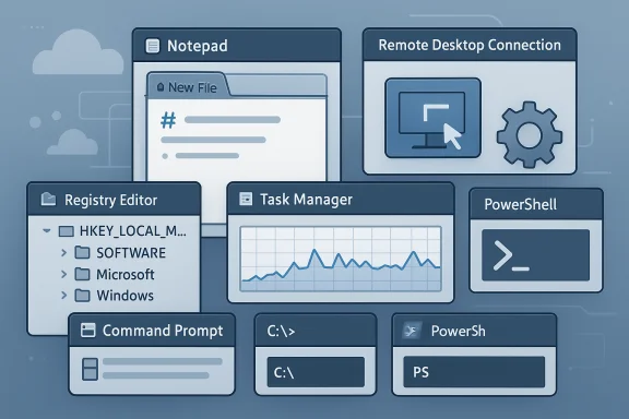 Collage of Windows admin tools: Notepad, Registry Editor, Task Manager, Remote Desktop, PowerShell.