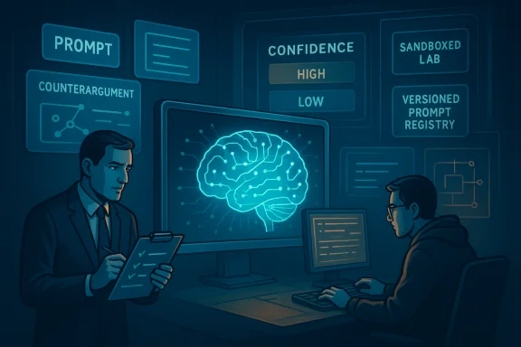 Two analysts in a high-tech lab monitor an AI brain on a screen, surrounded by prompt and policy labels.